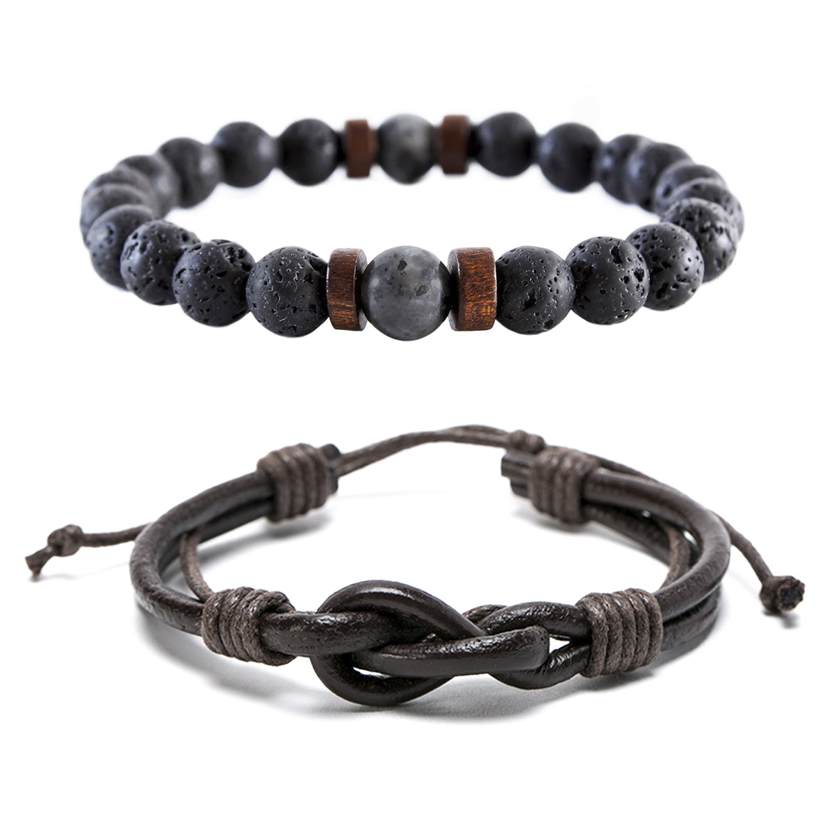 Pack Pulsera de cuero marrón con nudo y pulsera piedra volcánica larvikita