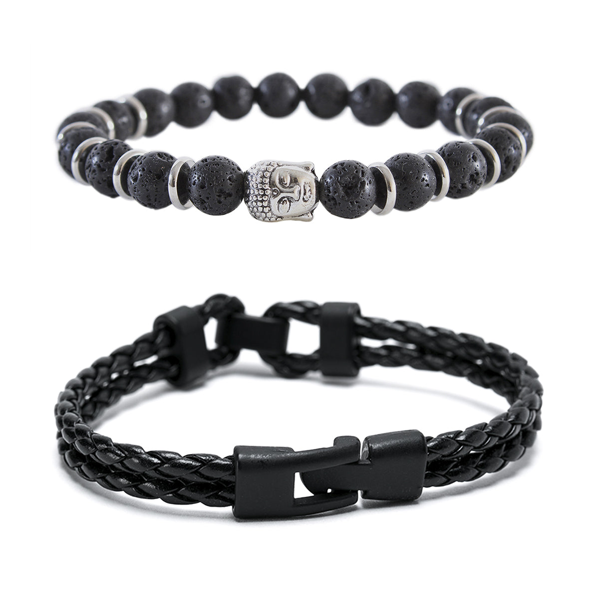 Pack pulsera de cuero negro trenzado y pulsera piedra volcánica Buda