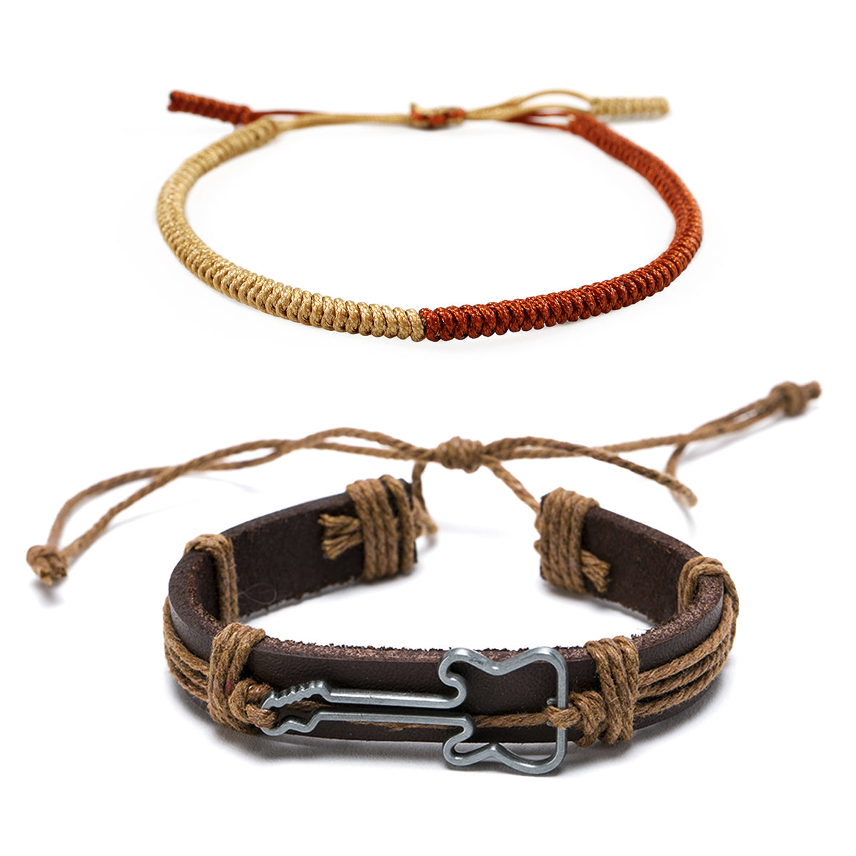Pack 2 Pulsera Cuero con Guitarra y Pulsera Budista Roja y Beige