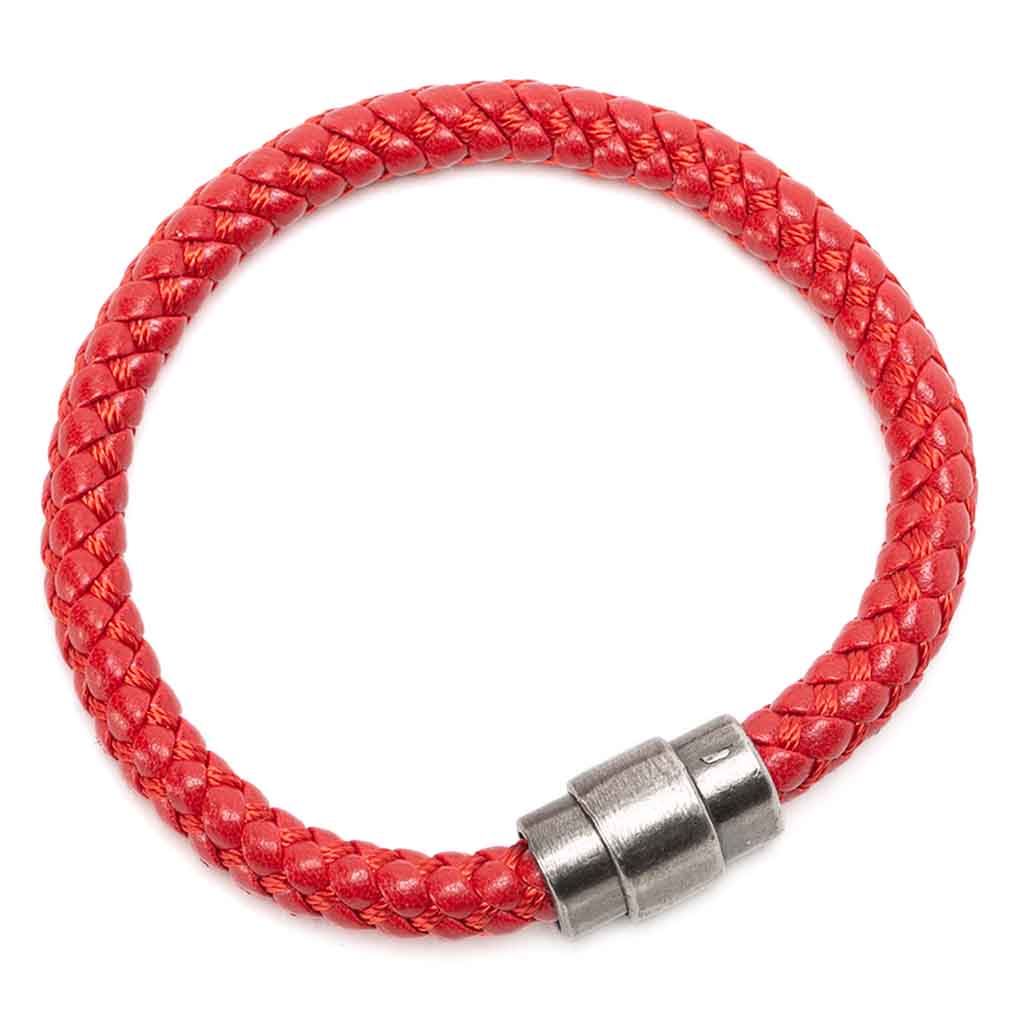 Pulsera de Hombre Cuero Rojo con Hilo Entretejido