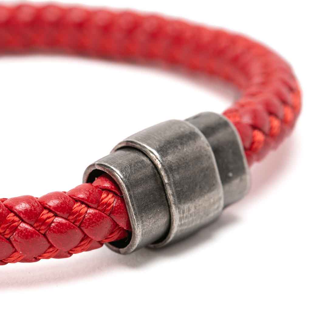 Pulsera de Hombre Cuero Rojo con Hilo Entretejido