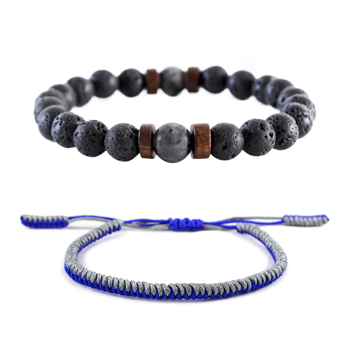 Pack 2 Pulsera Piedras Volcánica y larvikita y Pulsera budista azul y plateado
