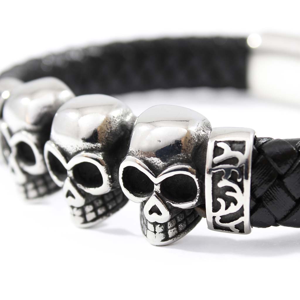 Pulseras para Hombre Pulseras de Cuero Negro Calaveras