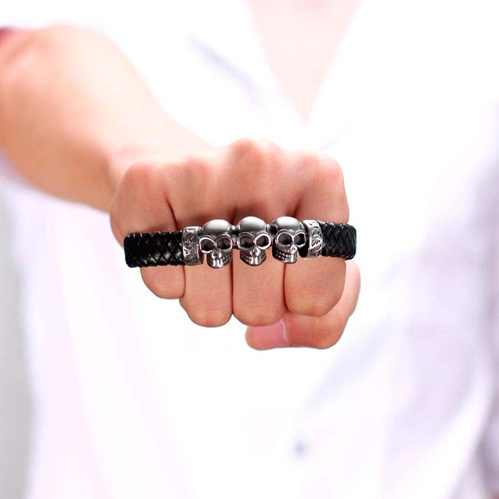 Pulseras para Hombre Pulseras de Cuero Negro Calaveras