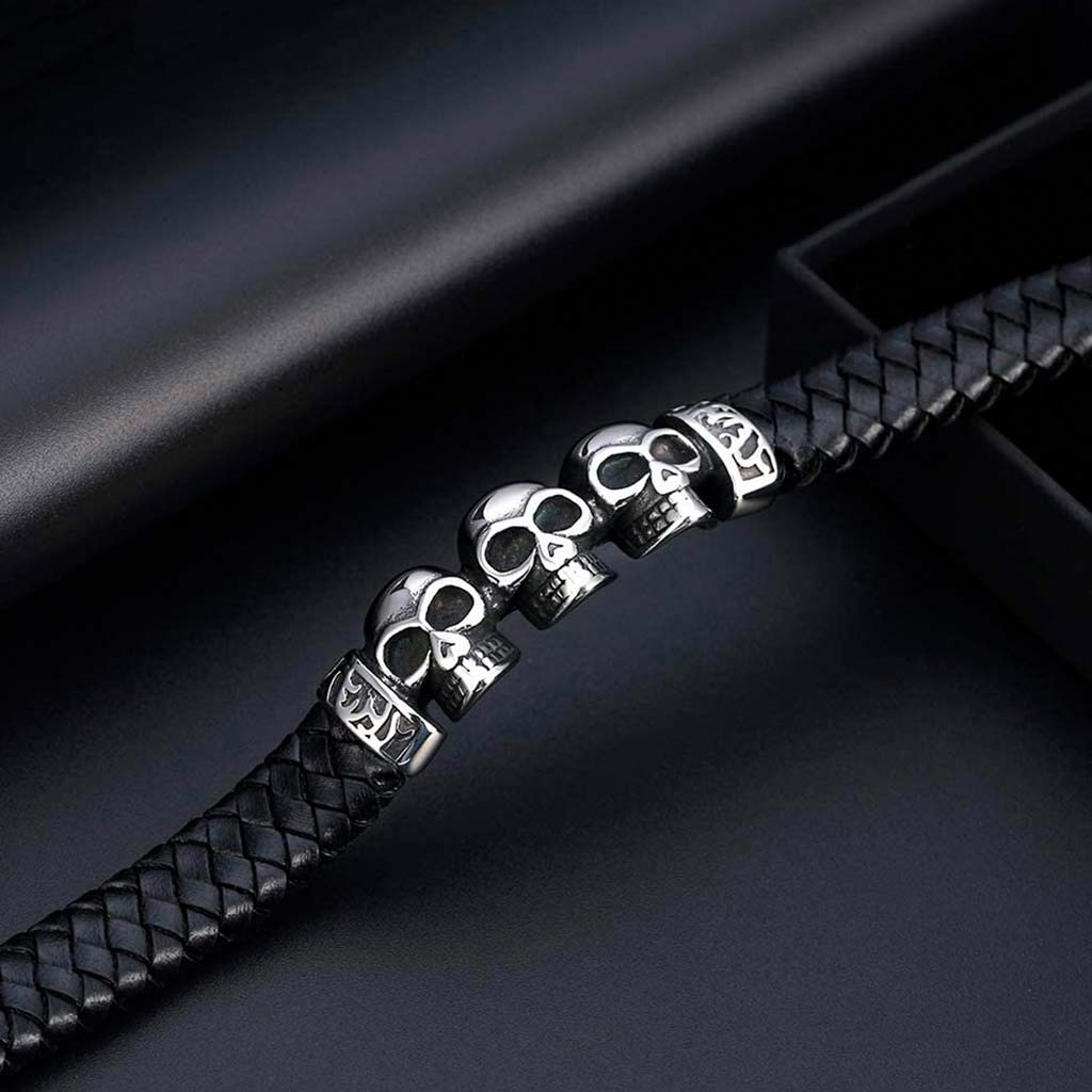 Pulseras para Hombre Pulseras de Cuero Negro Calaveras