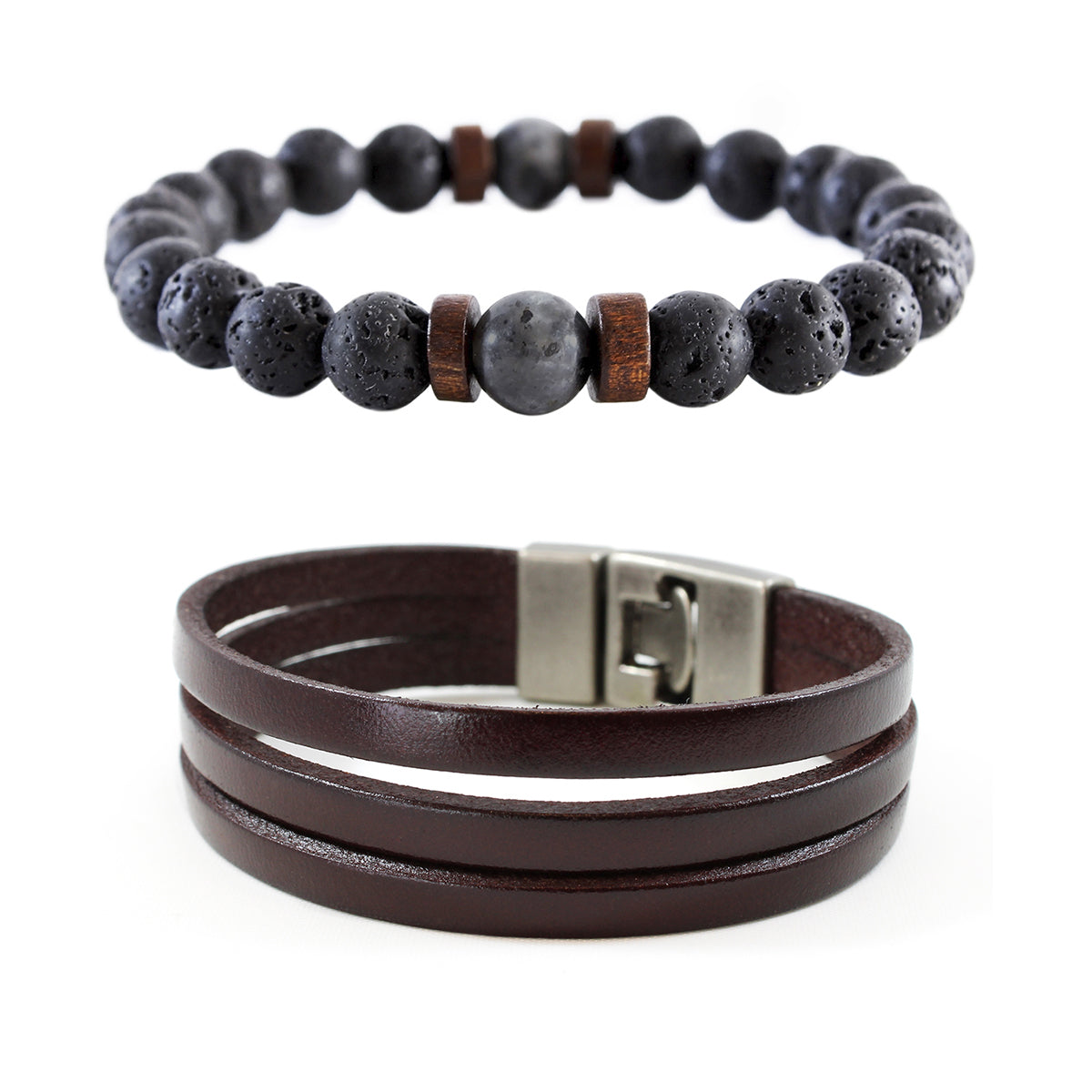 Pack Pulsera piedra volcánica y larvikita + Brazalete de cuero marrón