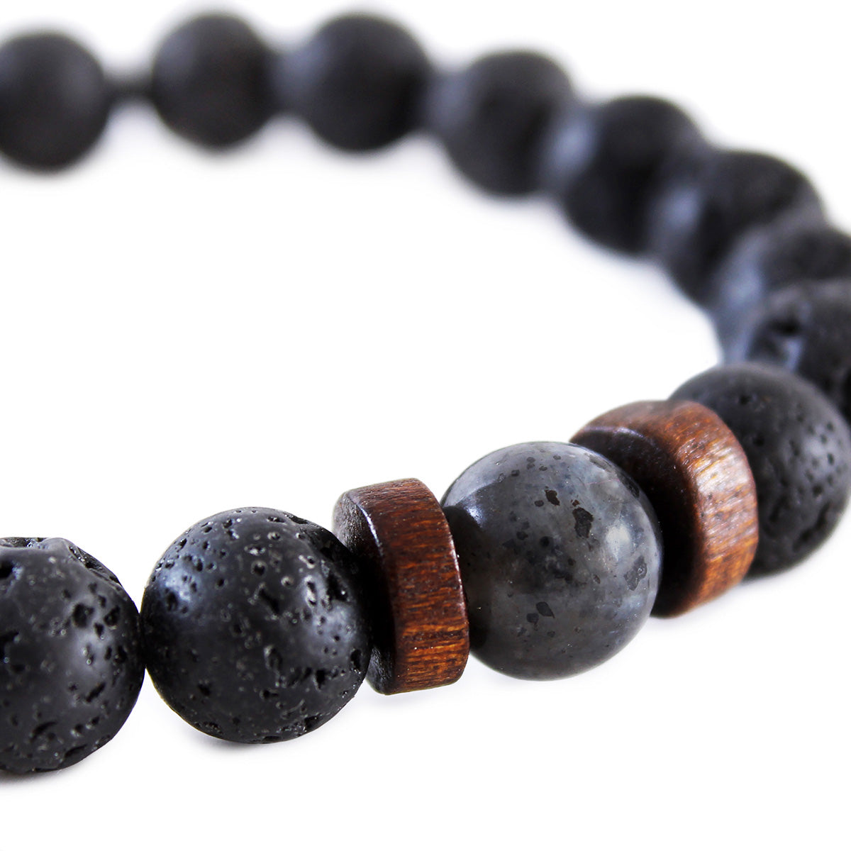 Pack Pulsera de cuero marrón con nudo y pulsera piedra volcánica larvikita