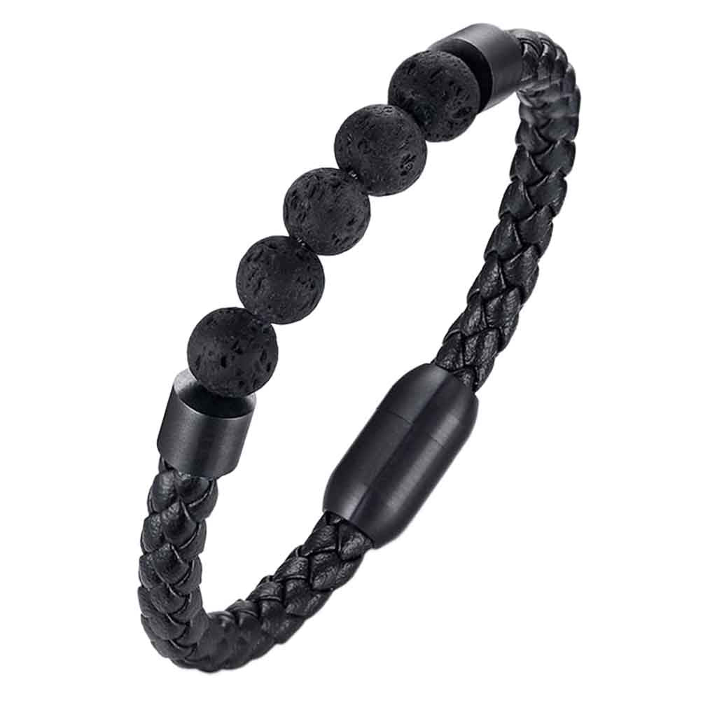 Pulsera de Cuero y Piedra Volcánica Broche Magnético