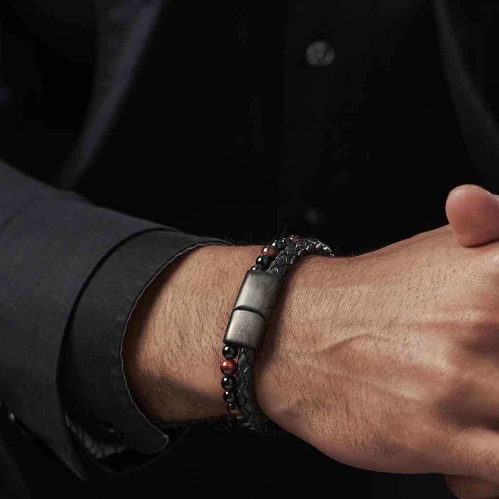 Pulseras Hombre Cuero con Ónix y Piedra Ojo de Tigre
