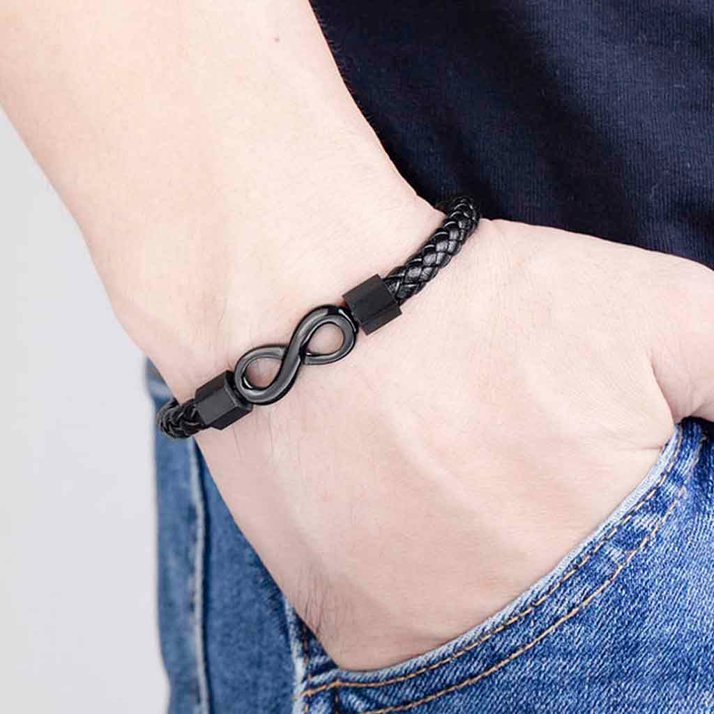 Pulsera de Cuero Hombre Mujer Acero Infinito Negro
