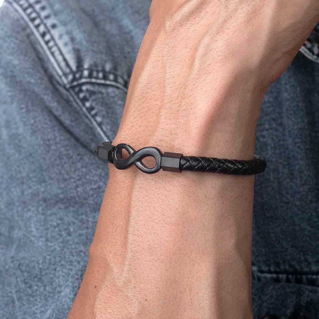 Pulsera de Cuero Hombre Mujer Acero Infinito Negro