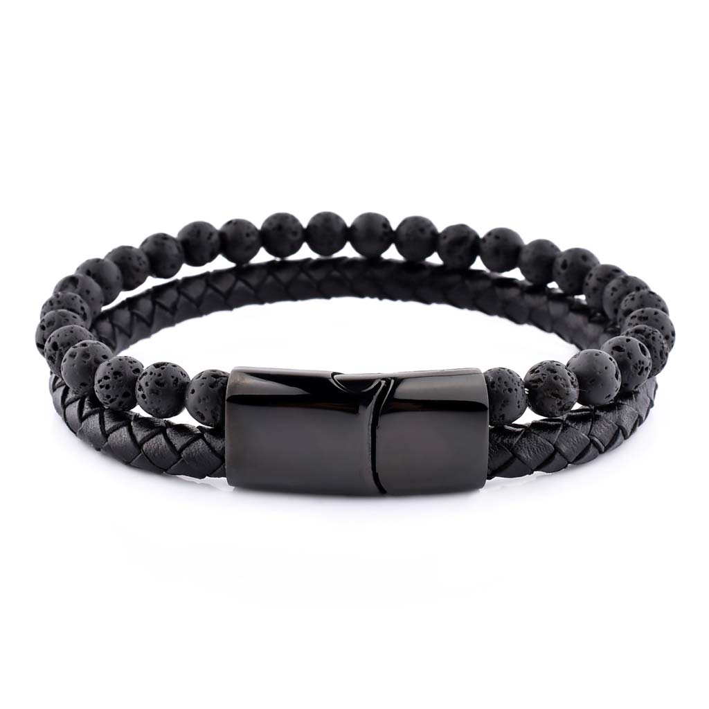 Pulseras Hombre Pulseras Cuero Negro con Piedra Volcánica