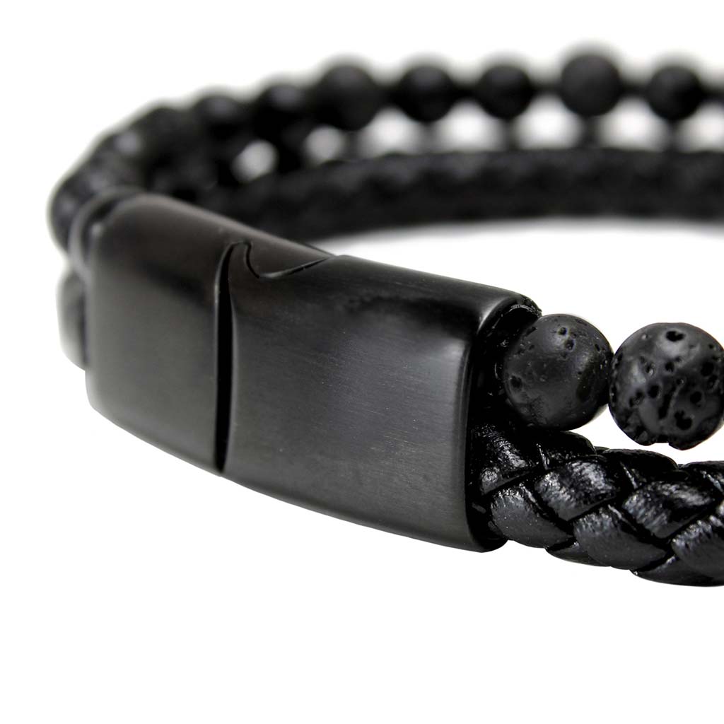 Pulseras Hombre Pulseras Cuero Negro con Piedra Volcánica