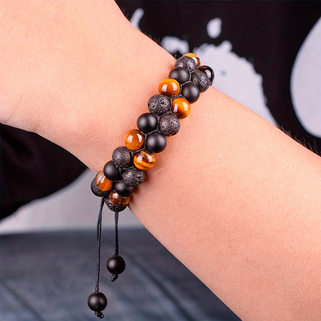 Pulsera Doble Piedras Naturales Ojo de Tigre Ónix Volcánica