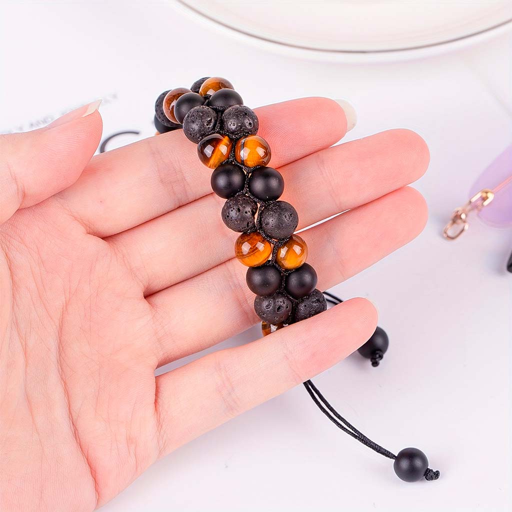 Pulsera Doble Piedras Naturales Ojo de Tigre Ónix Volcánica