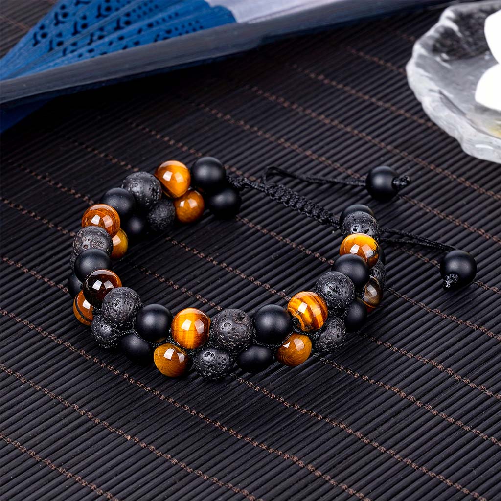 Pulsera Doble Piedras Naturales Ojo de Tigre Ónix Volcánica