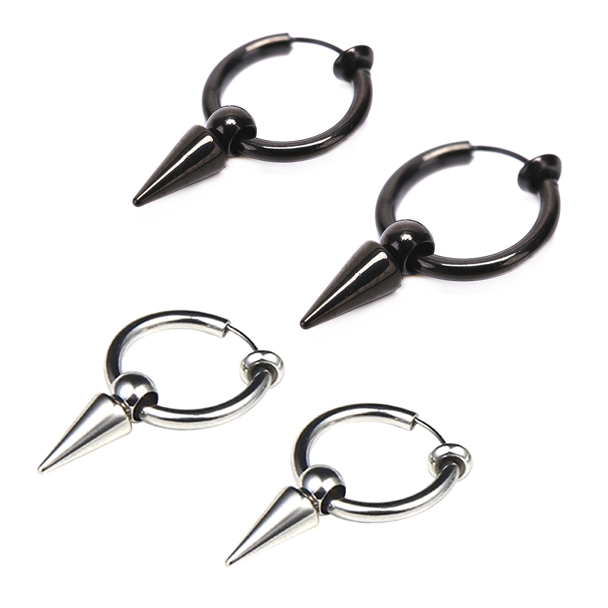 Pack 2 Pares Aros Argolla Espina A Presión Acero Plata Negro