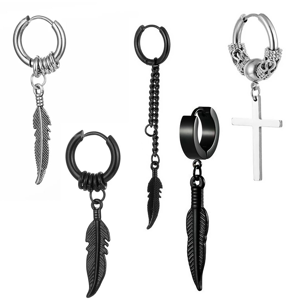 Pack 5 Aros Argollas Colgantes Varios Acero Plata y Negro