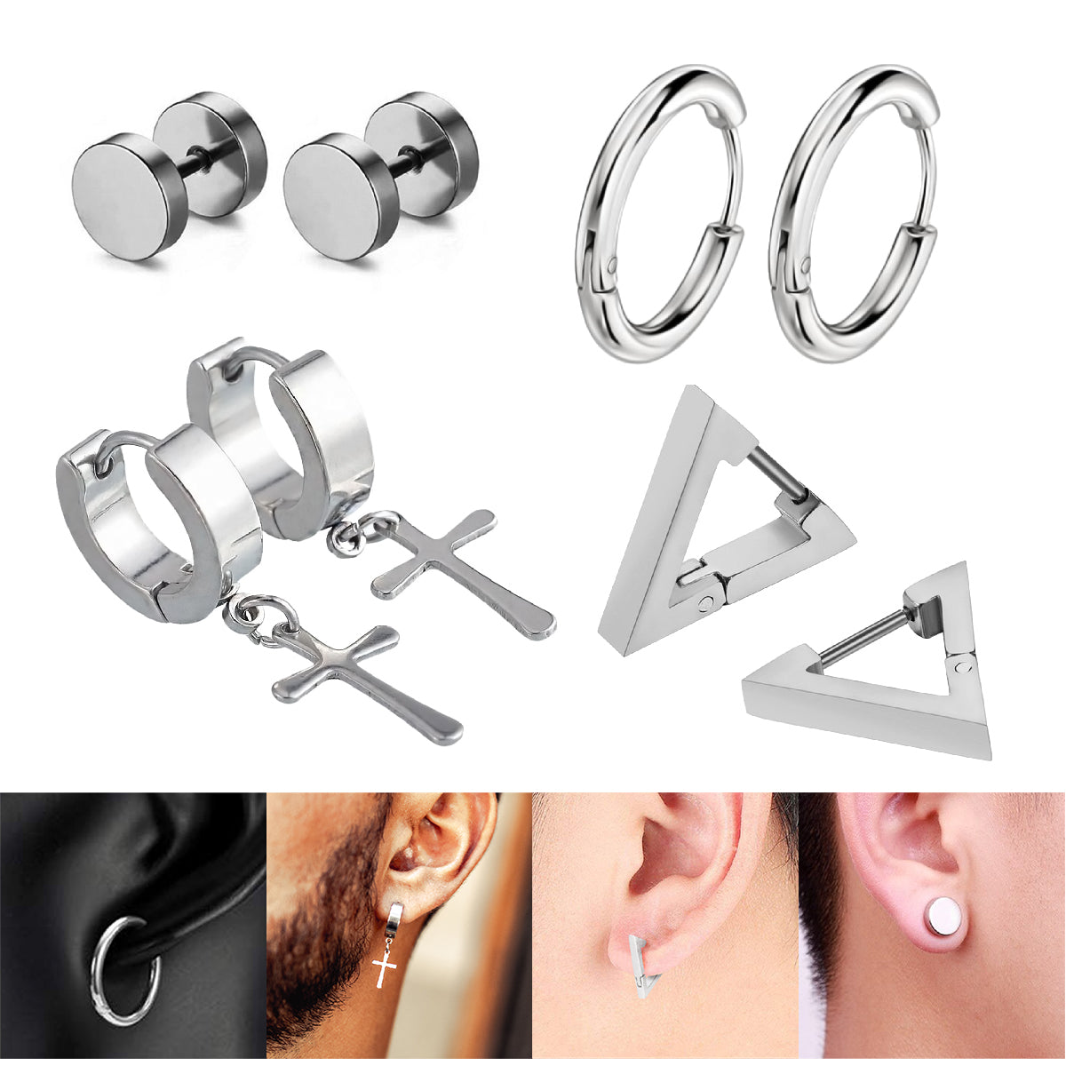 Pack Aros Acero Quirúrgico Plateado x4 Pares Modelos Varios