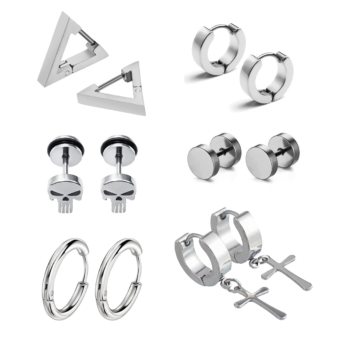 Pack x6 Pares Aros Acero Plateado Modelos Varios