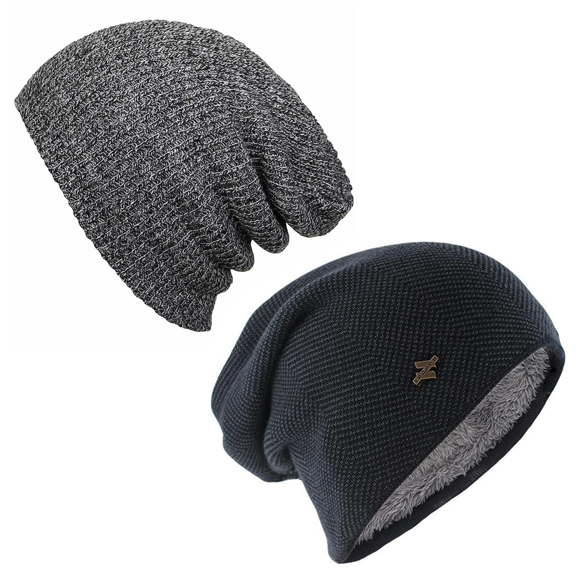 Pack x2 Gorro Tejido Azul con Polar Gris y Gorro Beanie Plomo