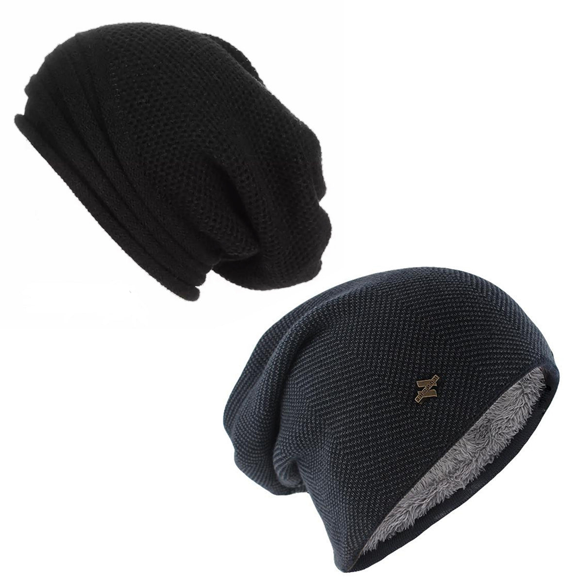 Pack x2 Gorros Algodón Negro Relieve y Gorro Tejido Azul con Polar