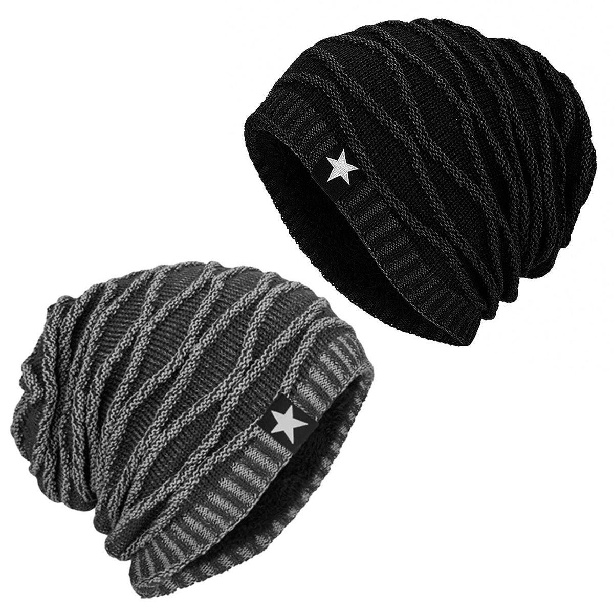 Pack x2 Gorros Tejido con Relieve y Forro Polar Gris y Negro