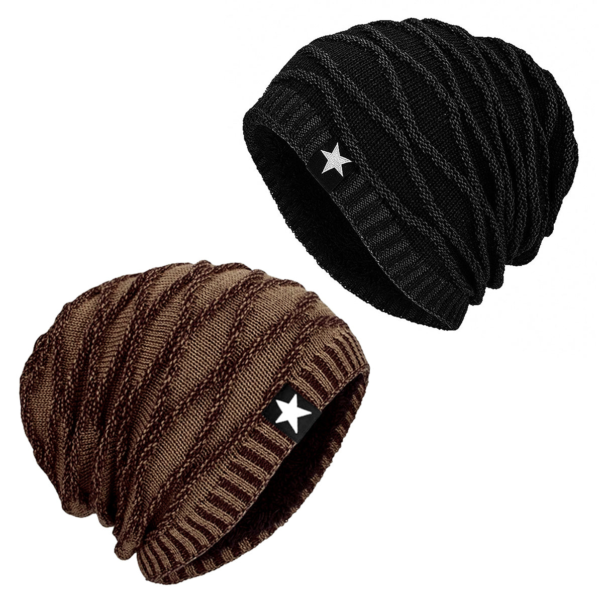 Pack x2 Gorros Tejido con Relieve y Forro Polar Café y Negro