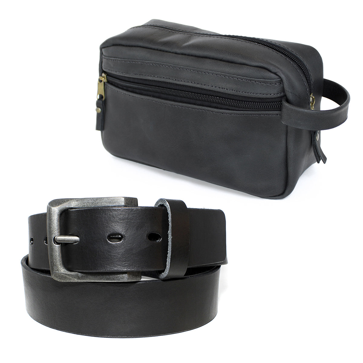 Pack Pack Cinturón de Cuero Hombre + Neceser de Viaje Negro