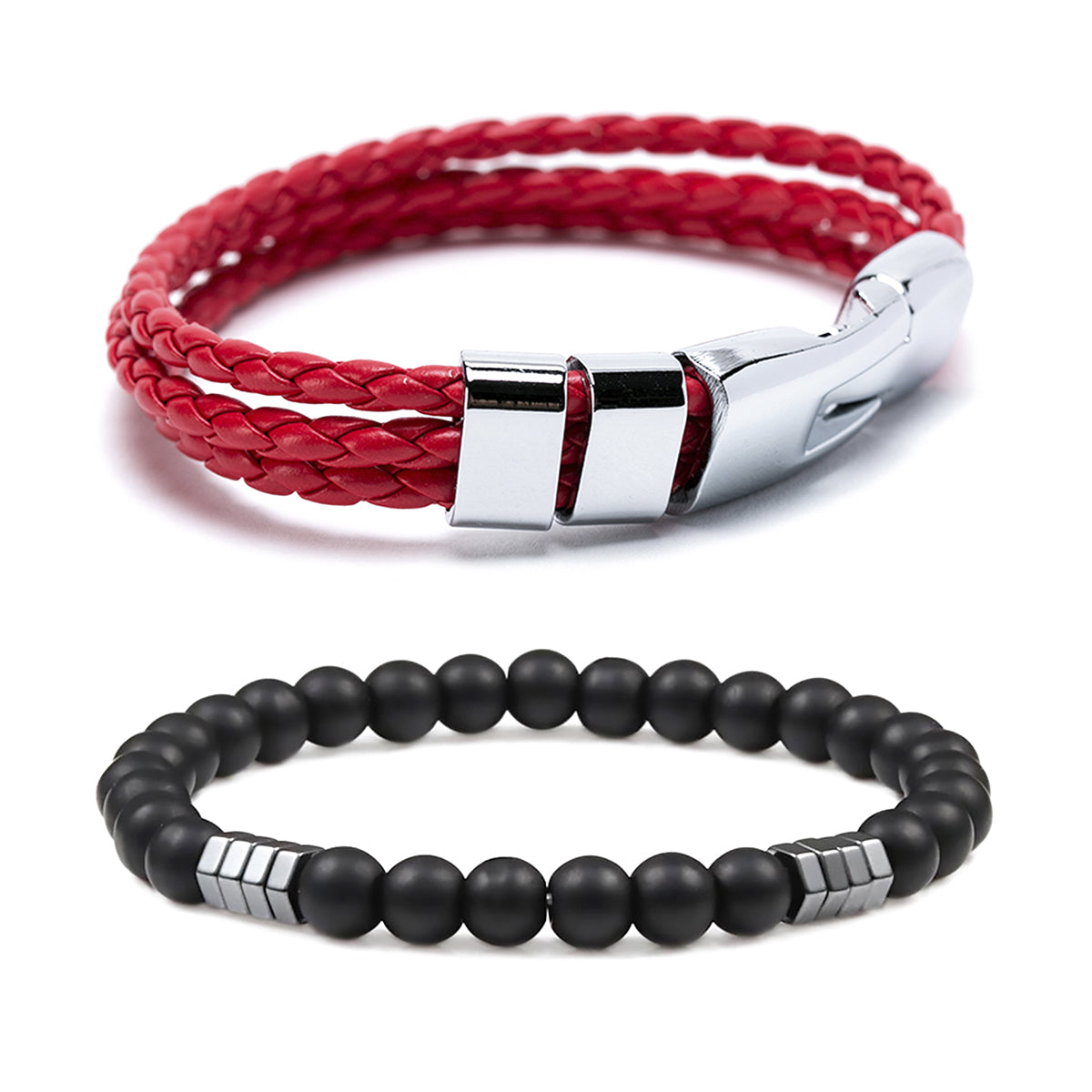 Pack 2 Pulseras de Cuero Hombre Rojo y Pulsera Piedras Onix