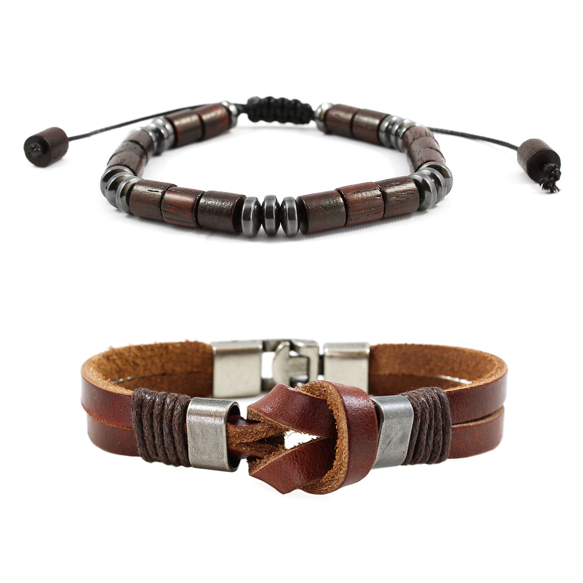 Pack Pulseras Cuero Nudo Infinito + Pulsera Madera Hematita