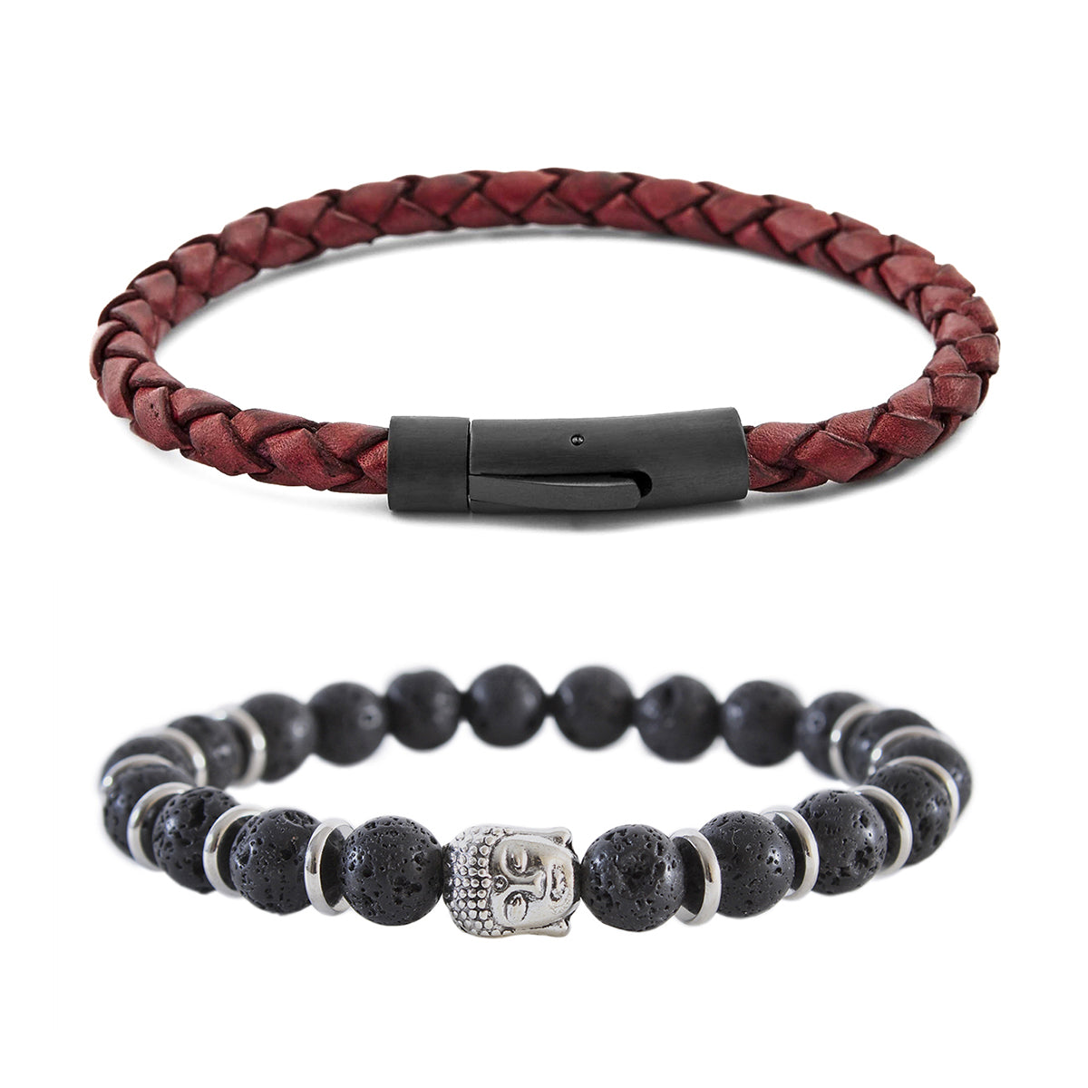 Pack 2 Pulseras de Cuero Hombre Rojo + Pulsera Piedras Buda