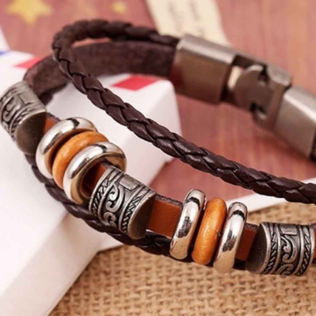 Pulsera Cafe En Cuero Hombre Mujer Trenzada Acero