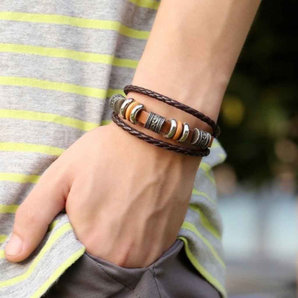 Pulsera Cafe En Cuero Hombre Mujer Trenzada Acero