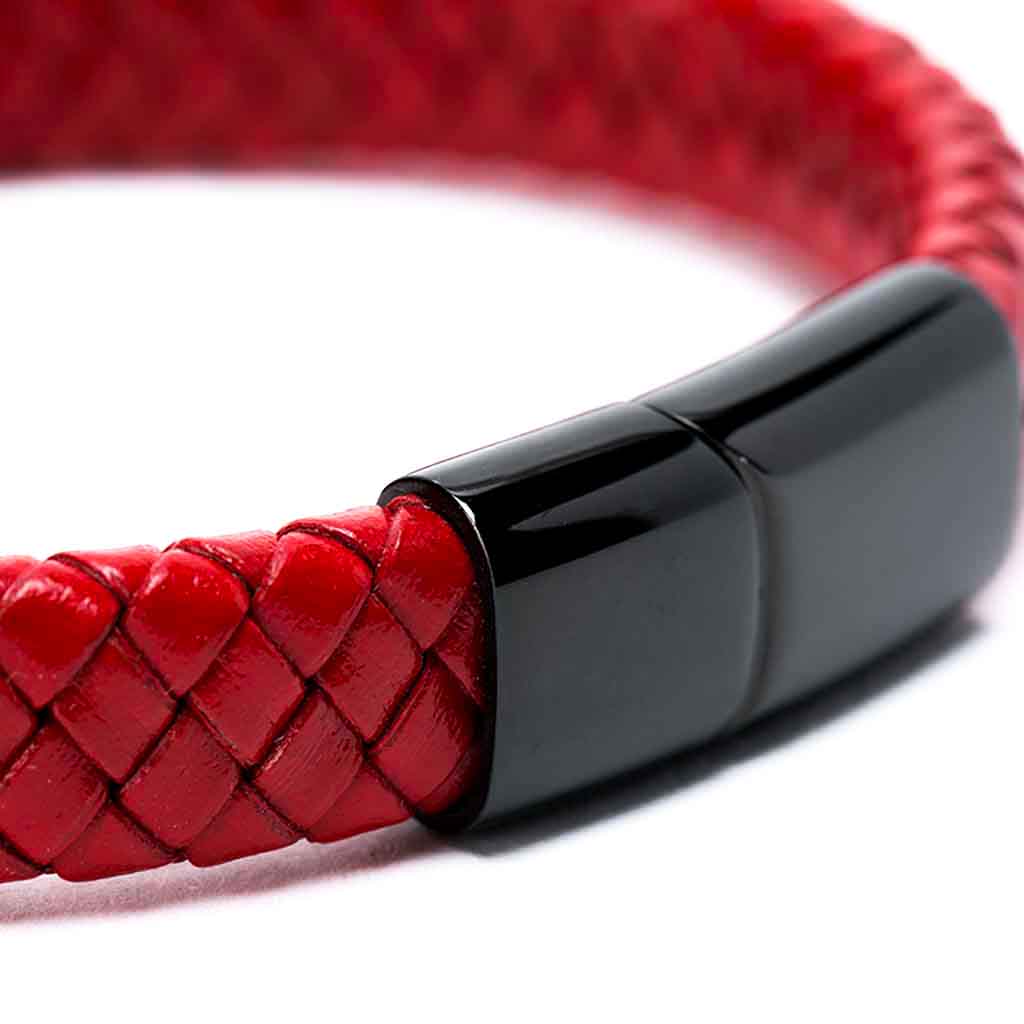 Pulsera En Cuero Rojo Con Broche De Lujo Combinación Negro