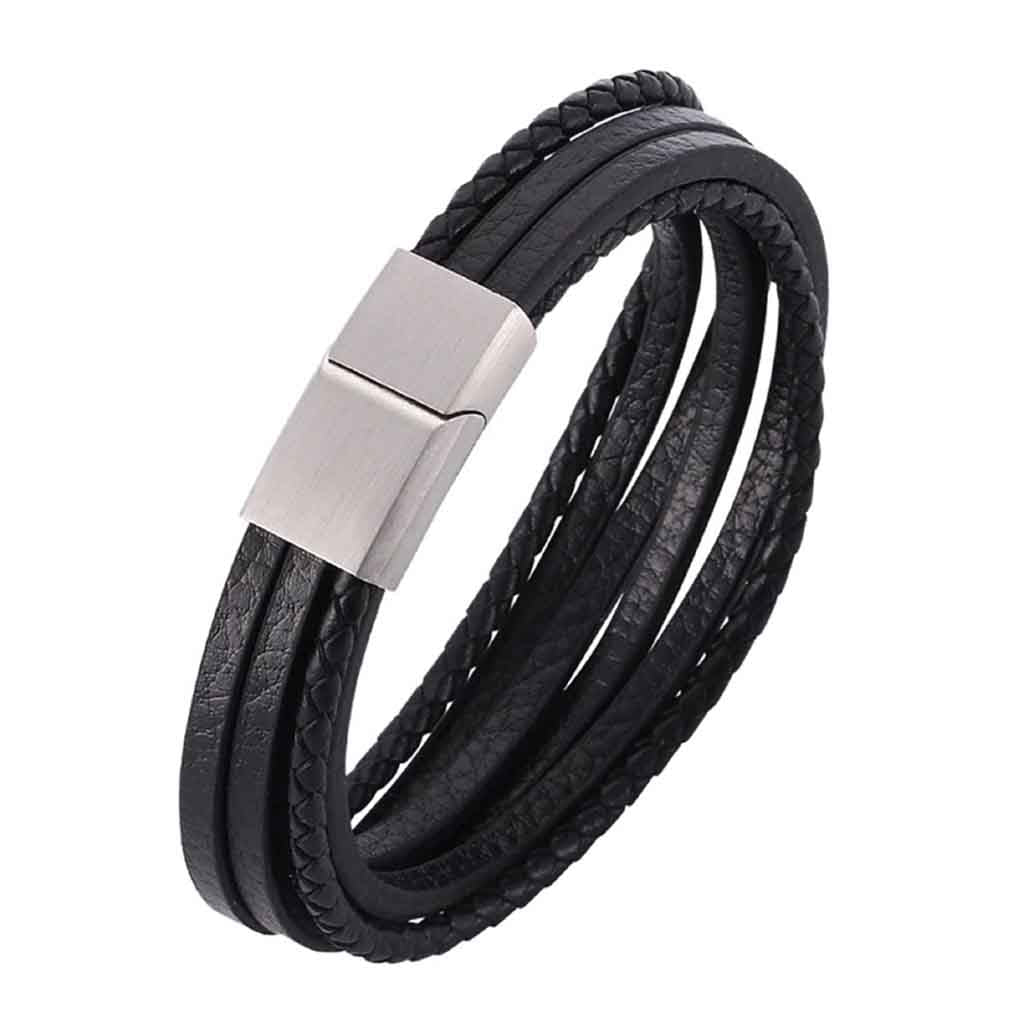 Pulsera Hombre De Cuero De Trenza Y Lineas Color Negro