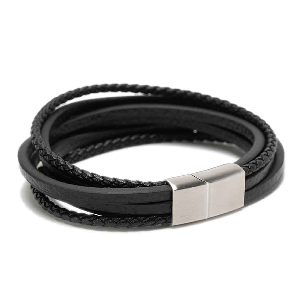 Pulsera Hombre De Cuero De Trenza Y Lineas Color Negro
