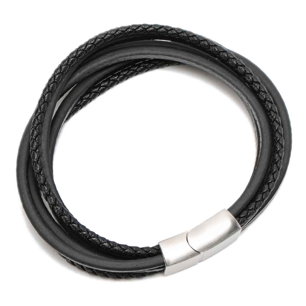 Pulsera Hombre De Cuero De Trenza Y Lineas Color Negro