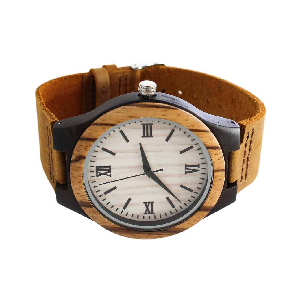 Reloj Madera Correa Cuero Marrón Número Romanos