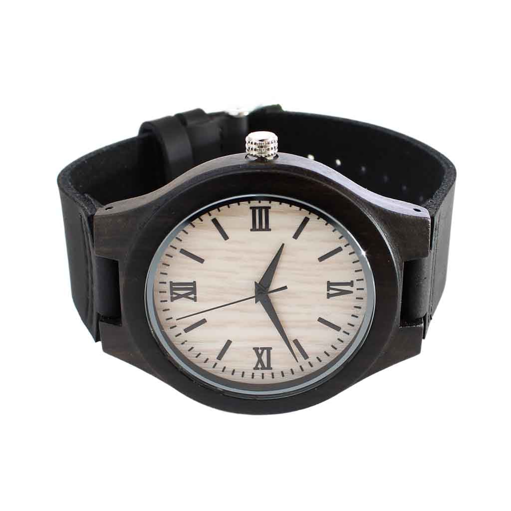 Reloj Madera Correa Cuero Negro Número Romanos