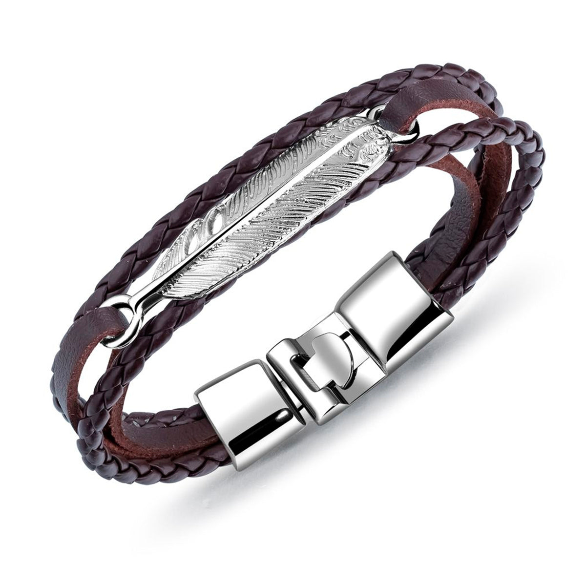 Pack 2 Pulseras de Cuero con texturas y Dije de Pluma Negro y Café