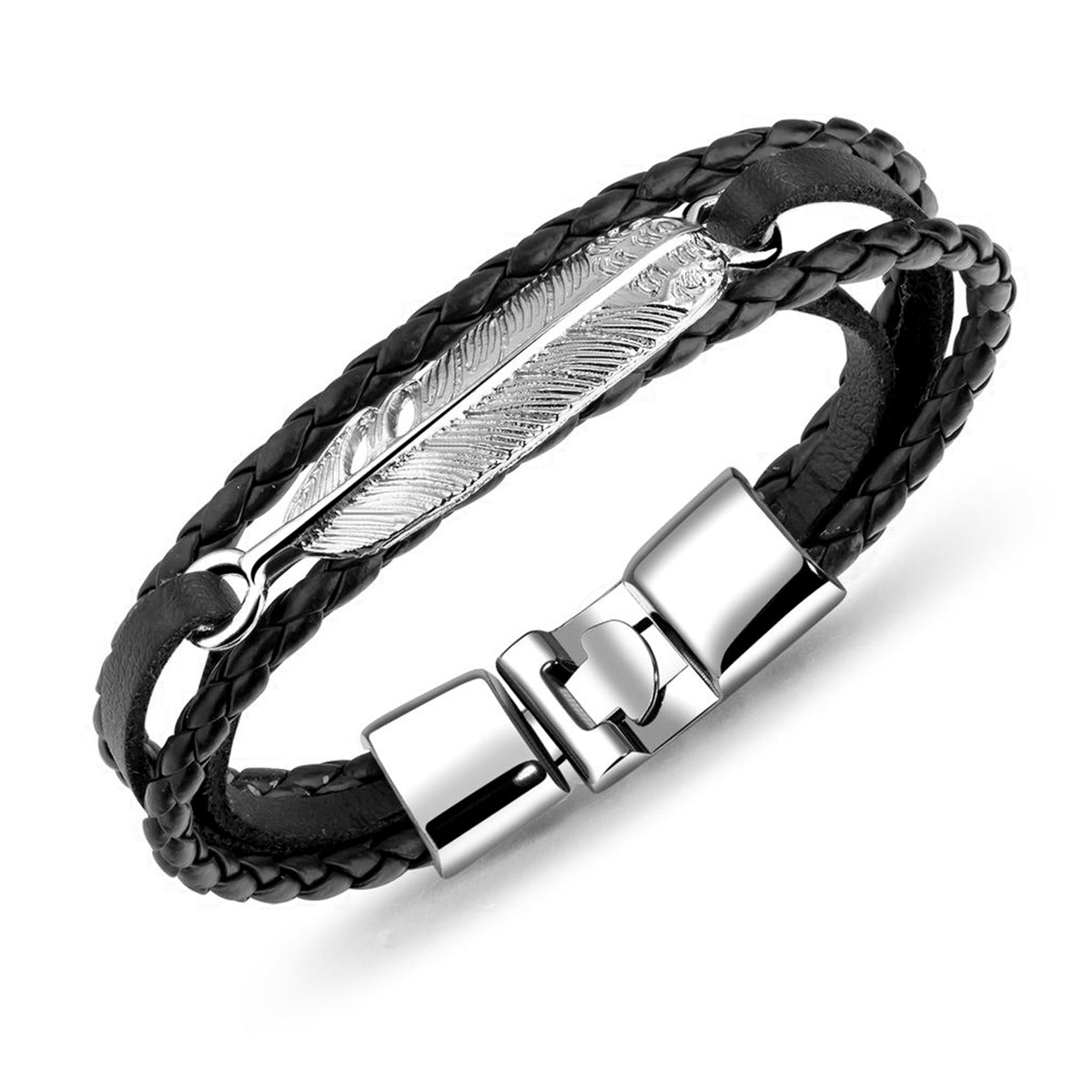 Pack 2 Pulseras de Cuero con texturas y Dije de Pluma Negro y Café