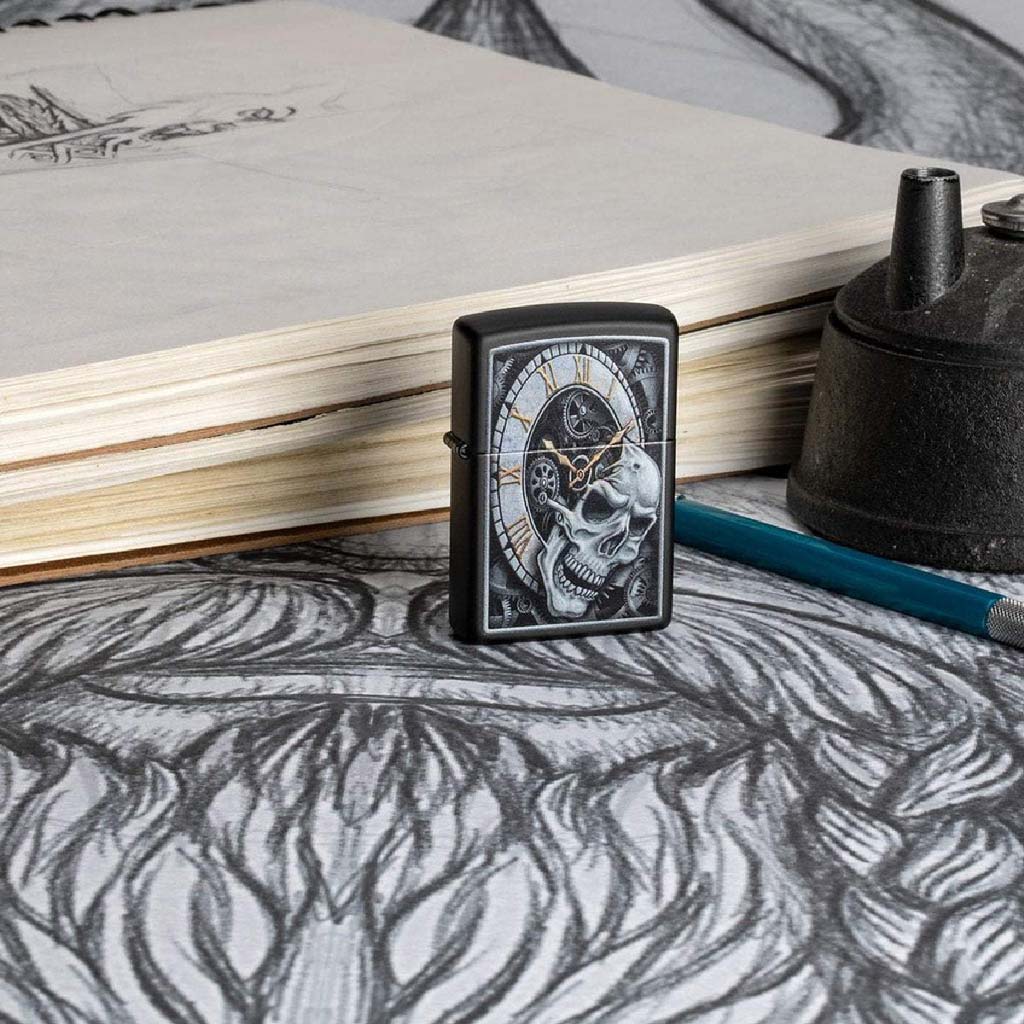 Encendedor Zippo Skull Clock Design Calavera Reloj Negro