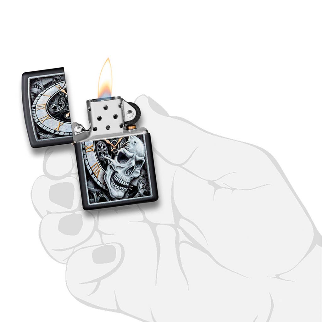 Encendedor Zippo Skull Clock Design Calavera Reloj Negro