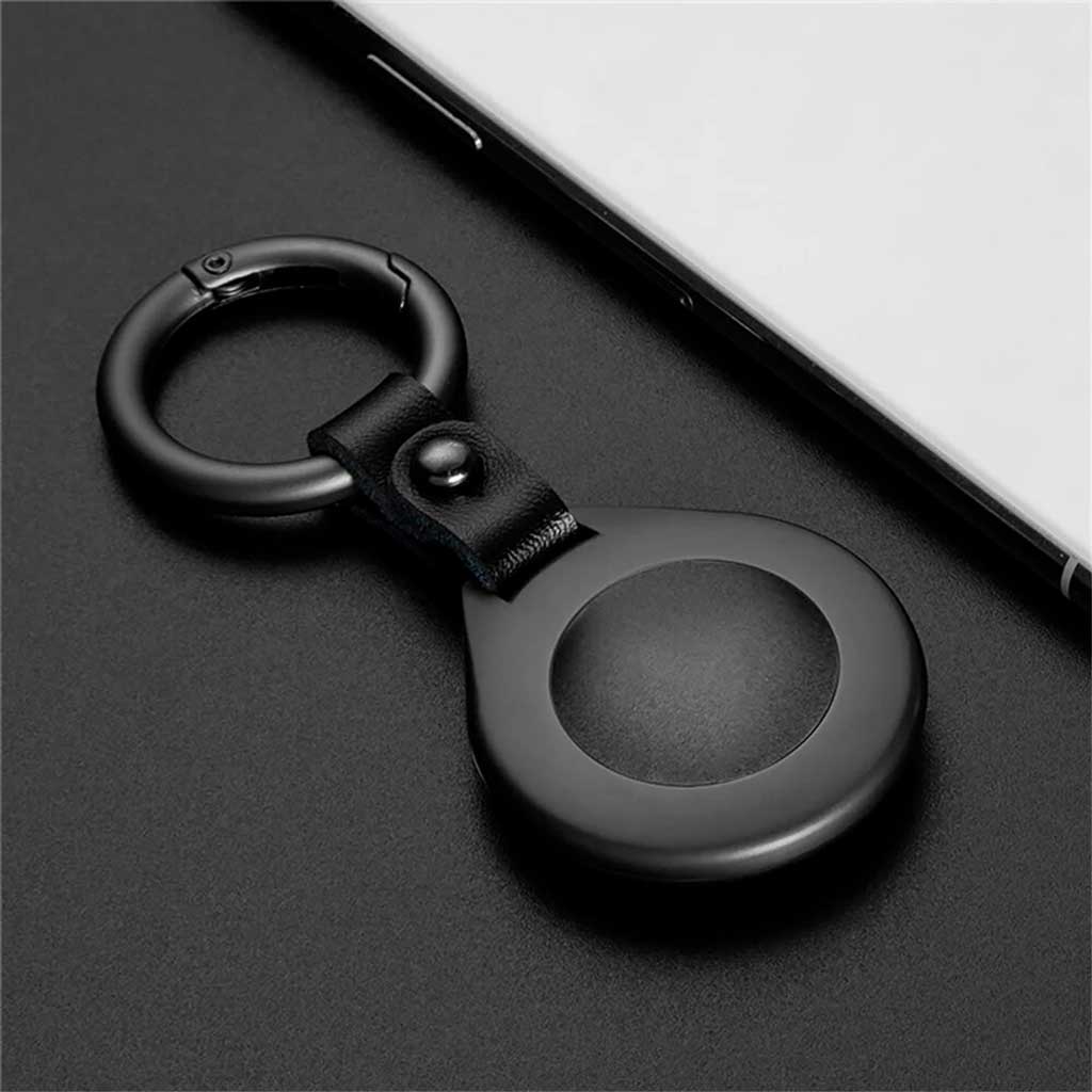 Llavero Porta Airtag Cuero y Metal Negro