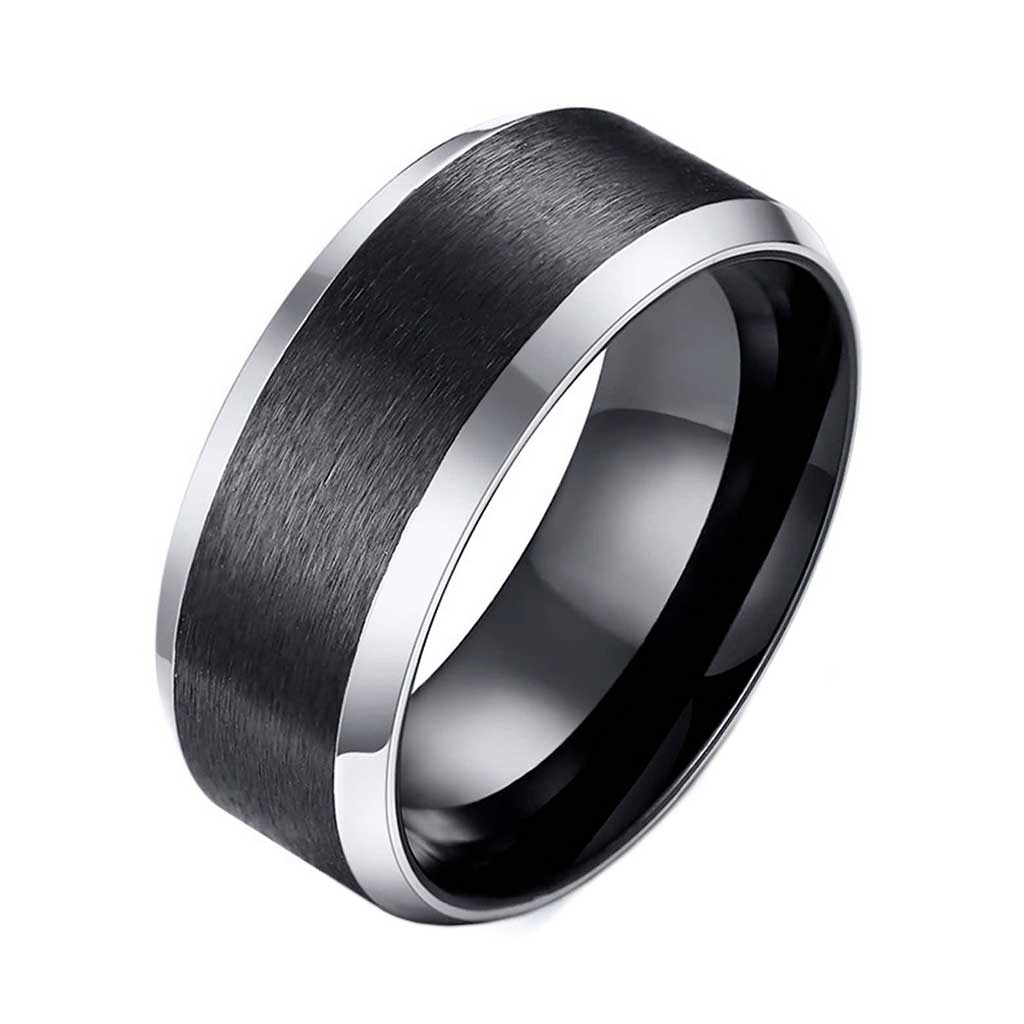 Anillo de Acero Biselado Negro con Bordes Plateados