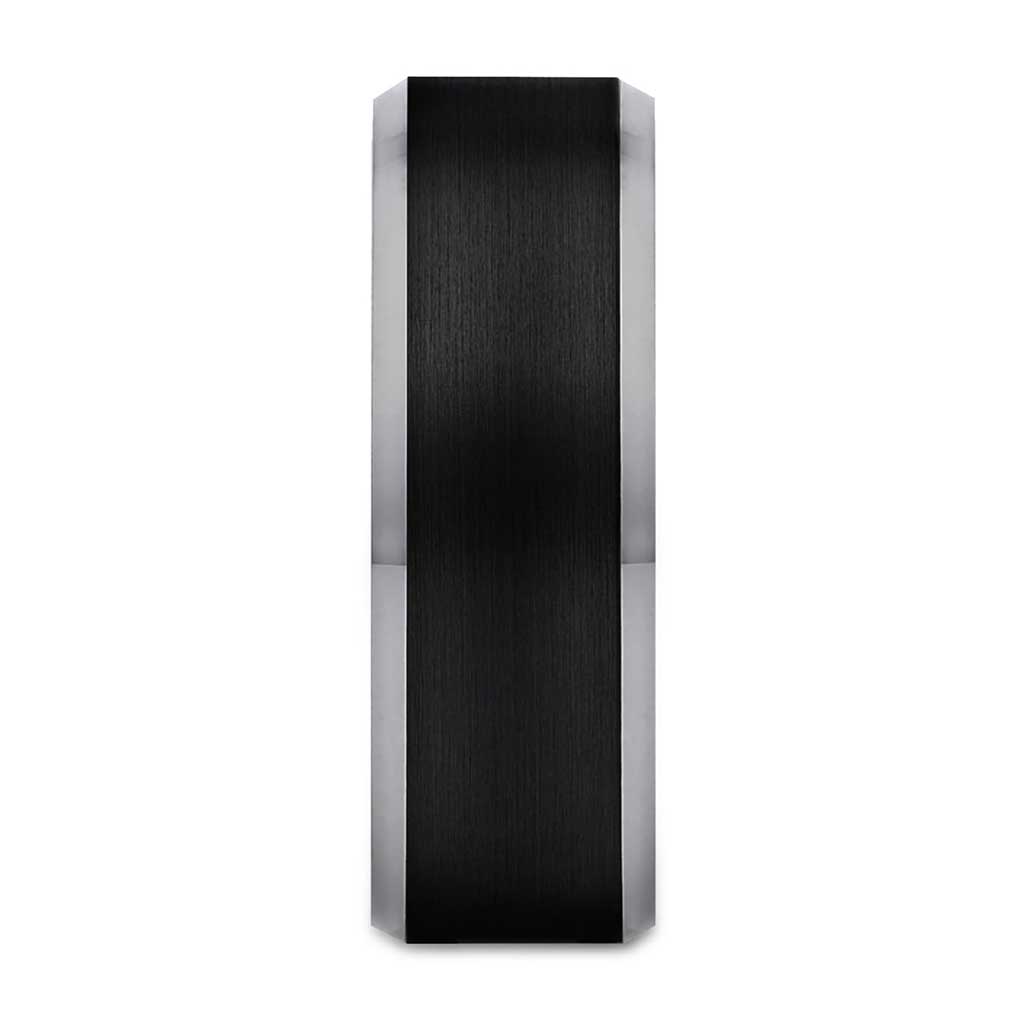 Anillo de Acero Biselado Negro con Bordes Plateados