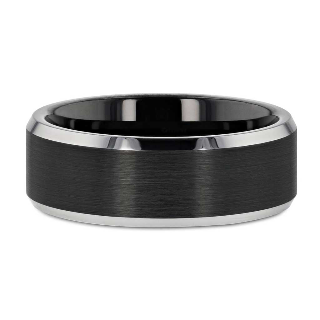 Anillo de Acero Biselado Negro con Bordes Plateados