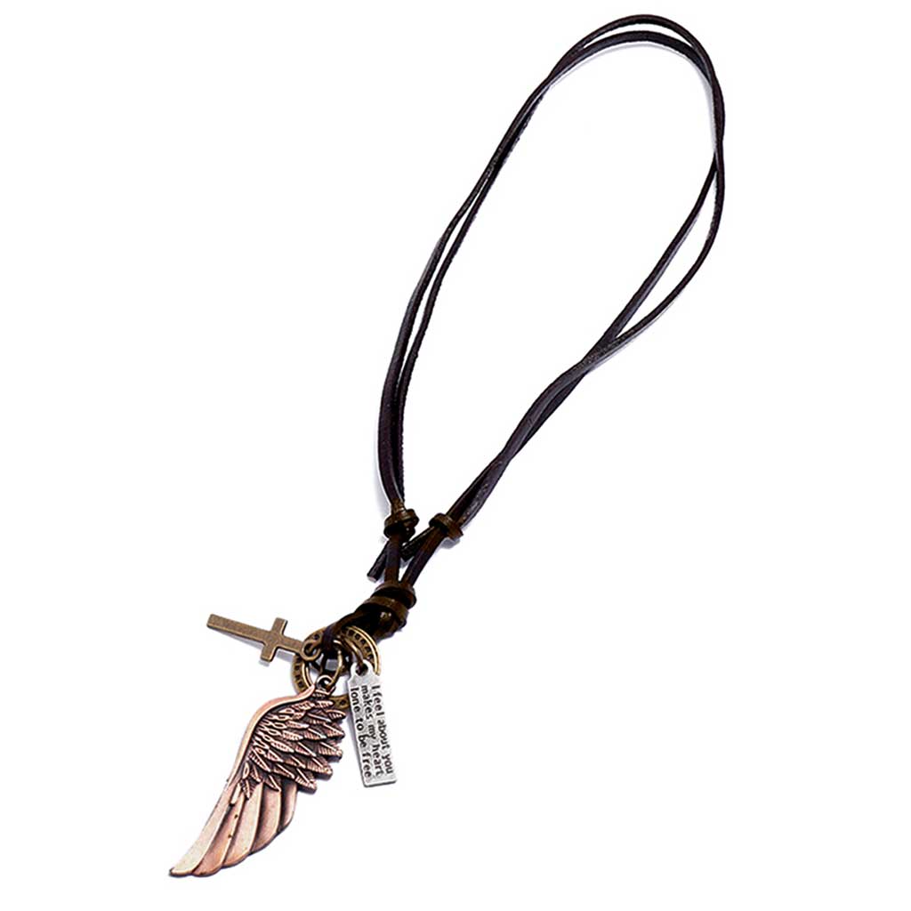 Collar de Cuero Ajustable con Ala Cobre y Dijes