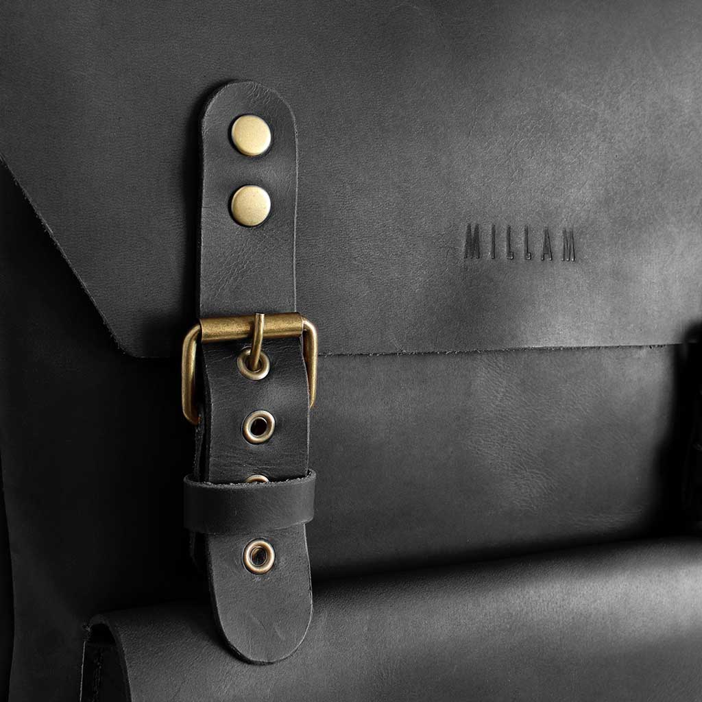 Mochila Hombre Mujer Mochila Negra Cuero con Hebillas